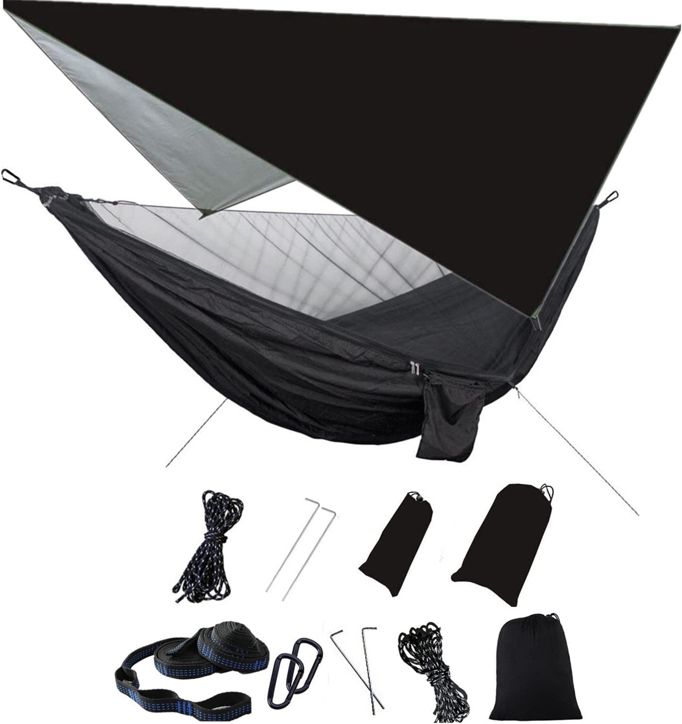 Camping Hammock Set, Single Double Hammock, Mosquito Net, Insect Net, Rainfly, High Strength Parachute Cloth Hammock. Suitable for outdoor, hiking, camping, travel