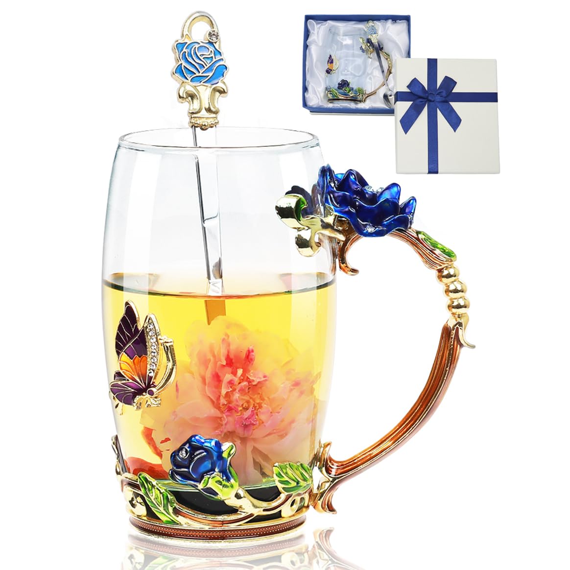Flower Tea Cup ,Butterfly Rose Clear Glass Fancy Coffee Mug with Spoon,Gift Box for Her Mom Wife Grandma Girls Friends Valentines Christmas Birthday Present Idea for Juice,Hot And Cold Drinks Use