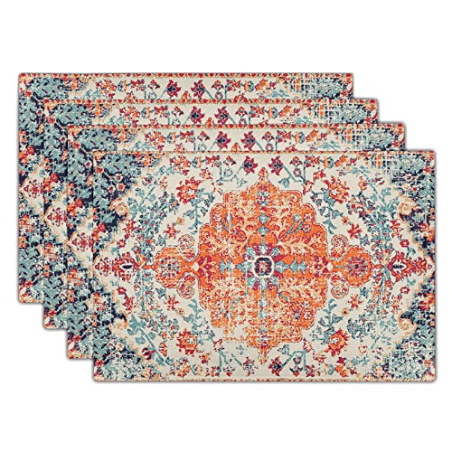 Ethnic Boho Placemats Set of 4 Southwest Orange Blue Teal Carpet Woven Texture Linen Washable Kitchen Dining Table Mats Stain Heat-Resistant Desktop Decor Place Mats for Home Party Indoor 12x18 in