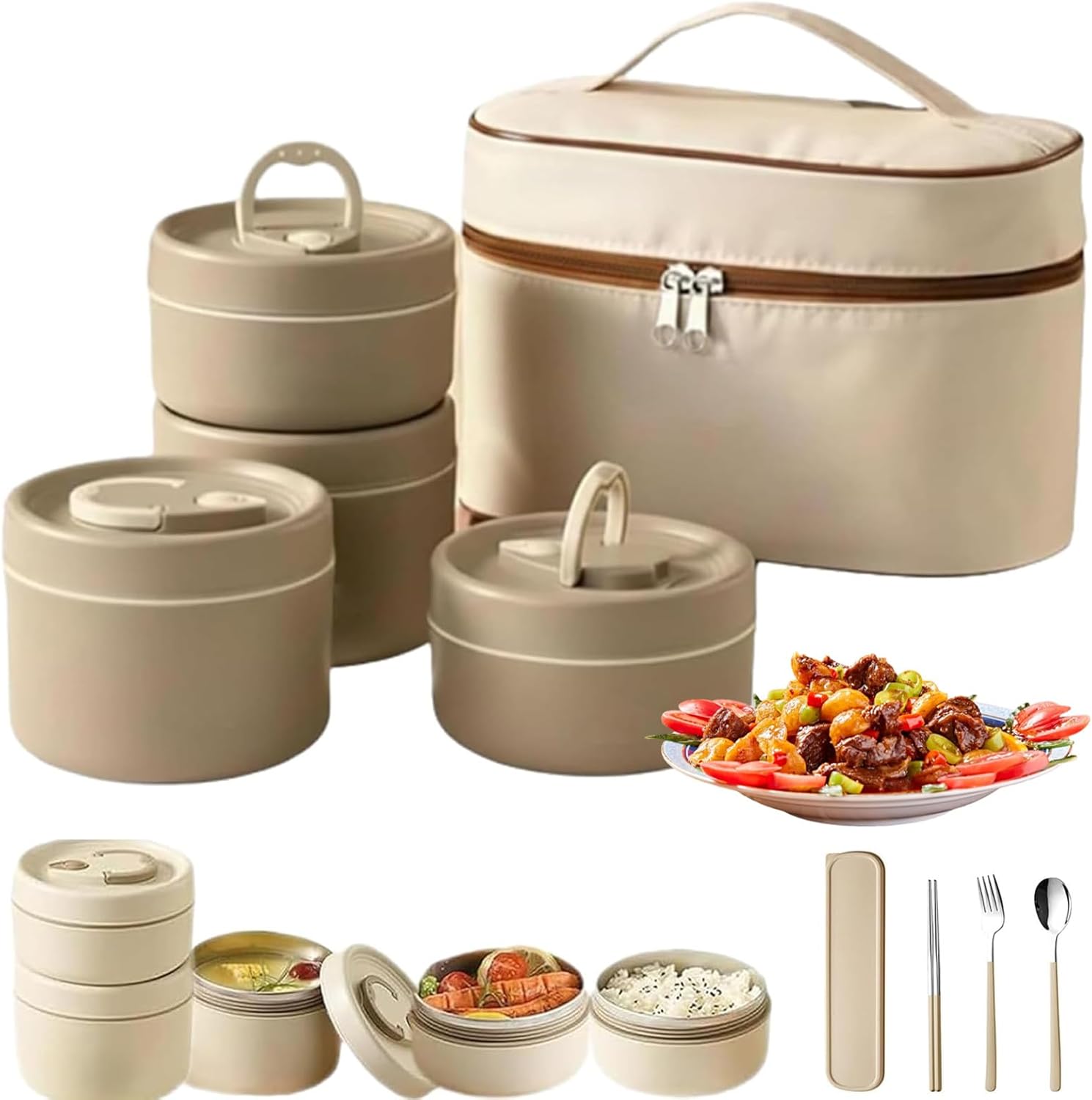 Portable Insulated Lunch Container Set, 2/3/4 Tier Separate Stackable Stainless Steel Lunch Container with Insulated Lunchs Bag and Cutlery Set, Bento Box for Work, Picnics & Camping (Brown, 4-Tier)