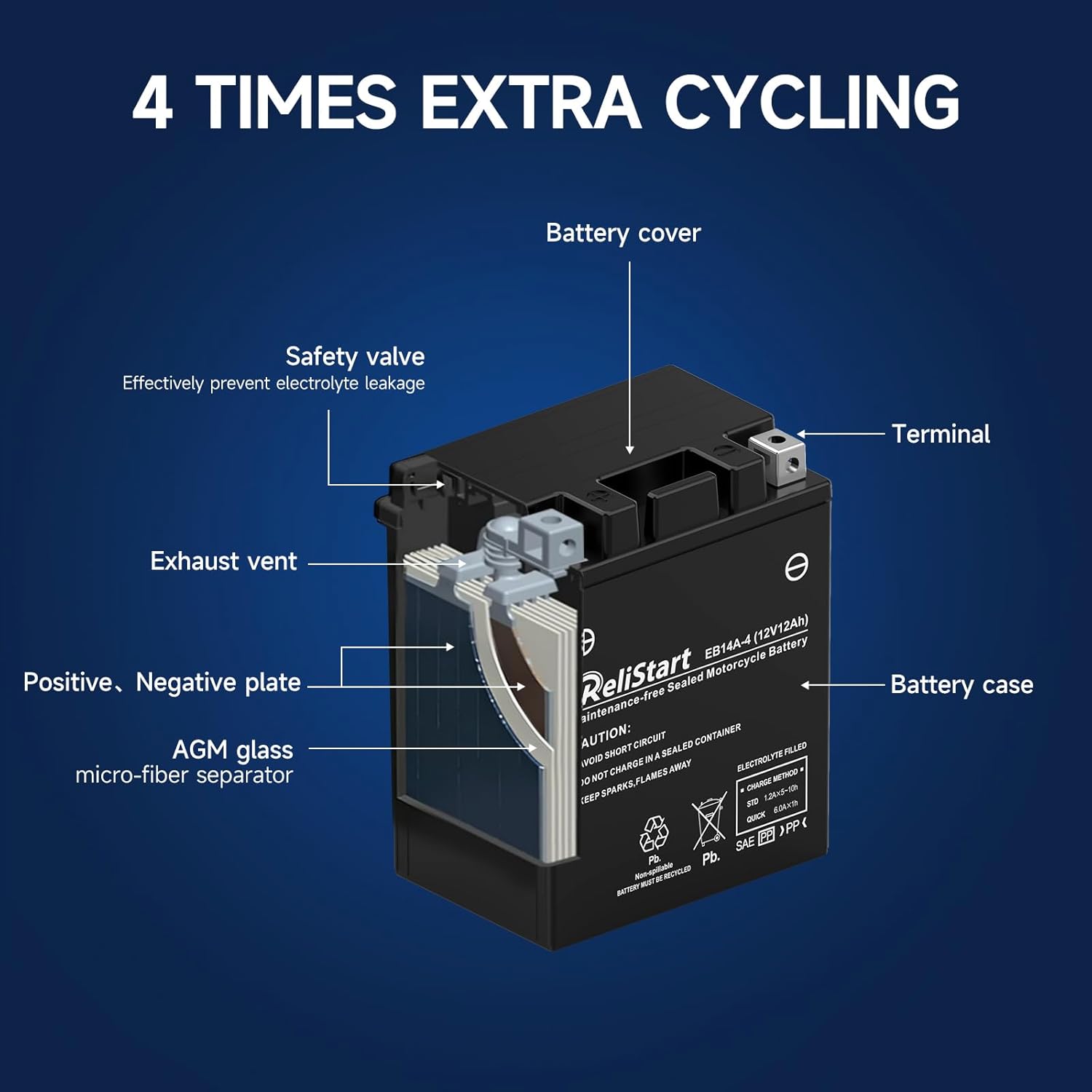 Motorcycle Battery YTX14AH-BS, EB14A-4, 12V 12Ah, 220 CCA, Powersport Replacement Batteries, AGM Maintenance Free Battery for Bike ATV Scooter