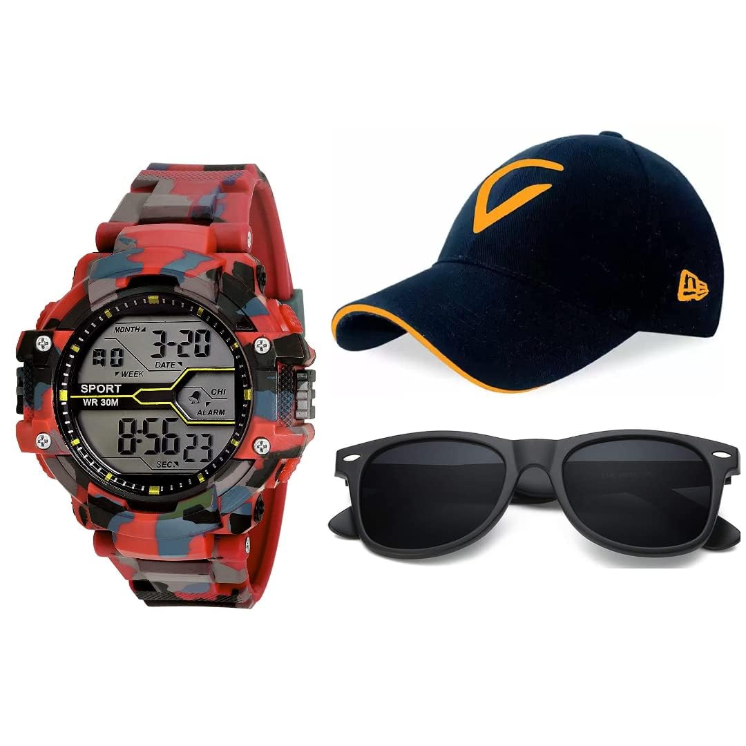 GOOD STUFF Digital Sports Watch, Multi-Functional Watch for Boys & Men with Cap and Sunglasses, Combo Pack of 3
