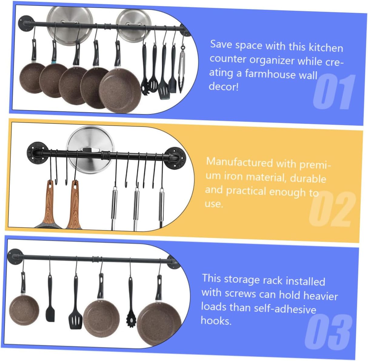 Iron Pot Rack Wall Mounted 13x60cm Kitchen Skillet and Lid Holder with Hooks Pipe Style Hanging Pan Organizer for Cookware Storage