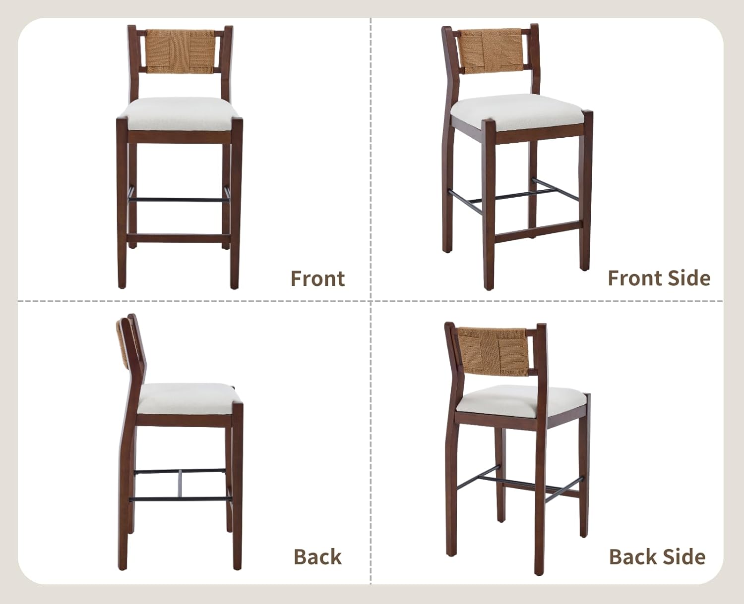 CIMOTA Rattan Counter Height Bar Stools Set of 4, 26" Boho Barstools with Woven Backs, Mid Century Walnut Wood Bar Stool Chairs Sherpa Upholstered Counter Stools for Kitchen Island/Counter/Bar,White