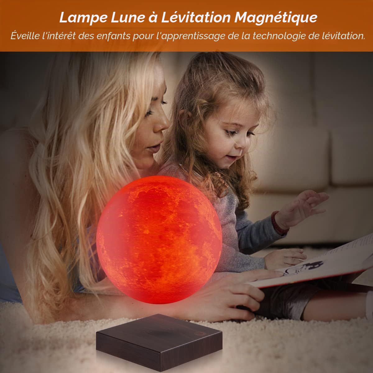 Lampe de lune en lévitation flottant et tournant librement dans l'air avec une base en faux bois de luxe et une impression 3D LED Moon Light, pour des cadeaux uniques
