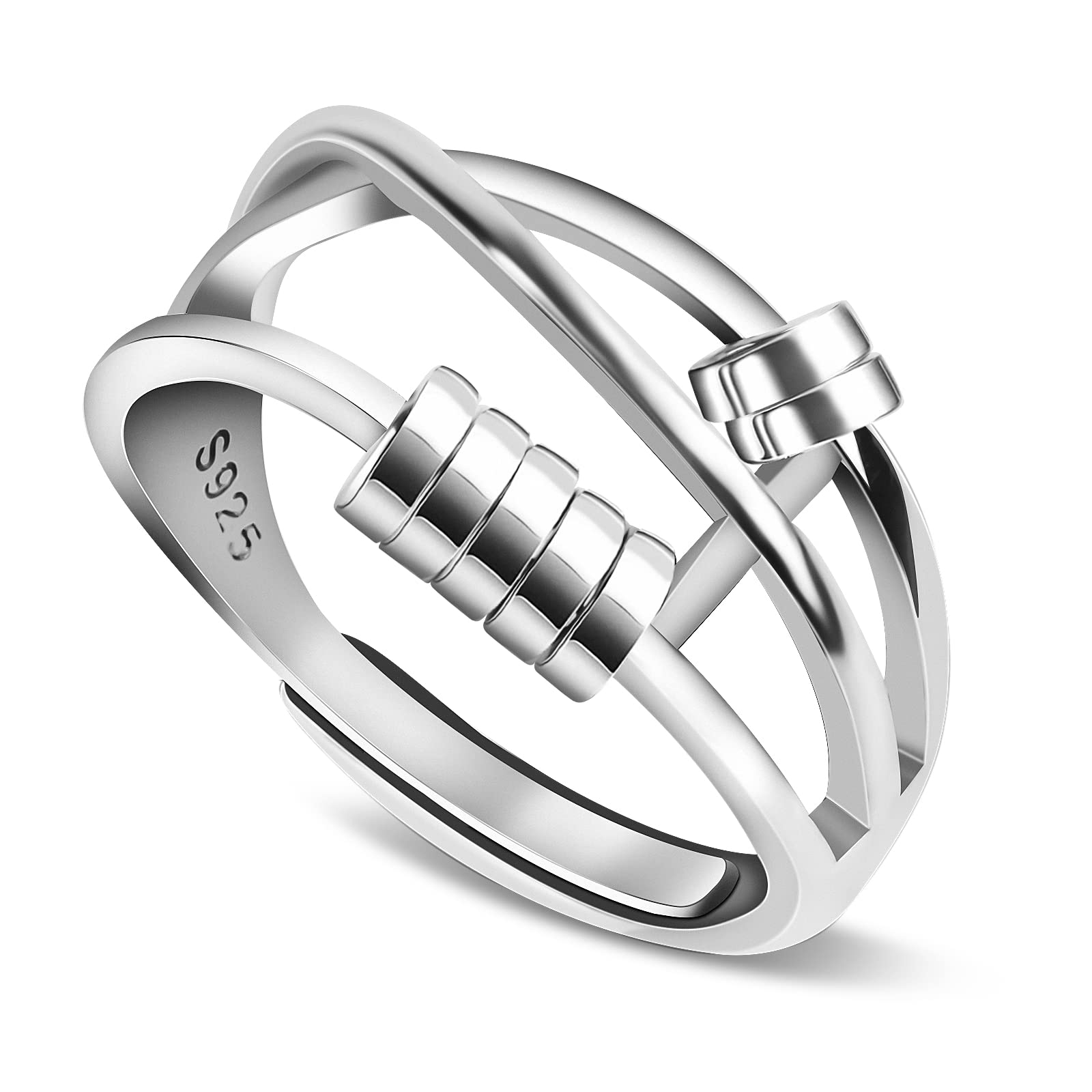Anillo De Ansiedad De Plata Ley 925 Ajustable – Giratorio Con Cuentas Móviles Para Aliviar Estrés, Regalo Para Mujer E Hija