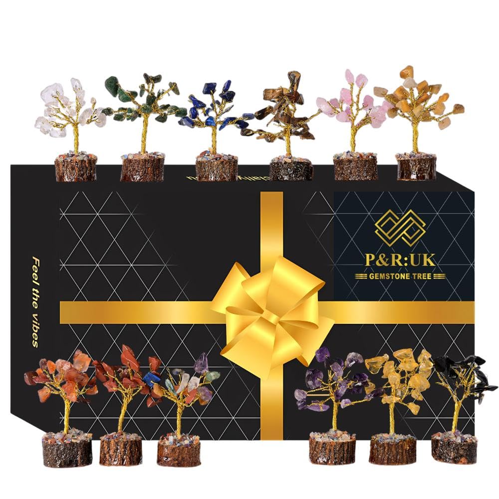 P&R:UK Crystal Tree Gift for Women - Set of 12 Handcrafted Tree of Life Chakra Healing Crystals & Stones for Positive Energy, Good Luck - Perfect Home and Office Decor - Birthday Gifts for Mom & Dad