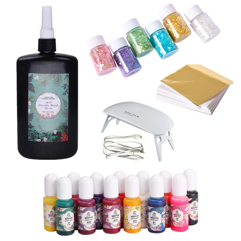 250 g kristallklares UV-Harz mit 6 x 20 g hochglänzendem holografischem Glitzer, 100 Goldfolienpapier, kein Sinkage + Mini-UV-Lampe + flüssige Pigmente Farbstoffe für DIY Harz Handwerk Harz