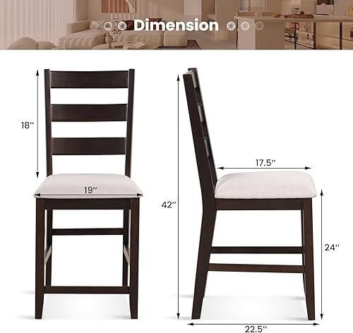 Miniatura 6 de COSTWAY Juego de taburetes de barra de altura de mostrador, silla de bar de isla de cocina con asiento acolchado y patas de madera de goma, silla de