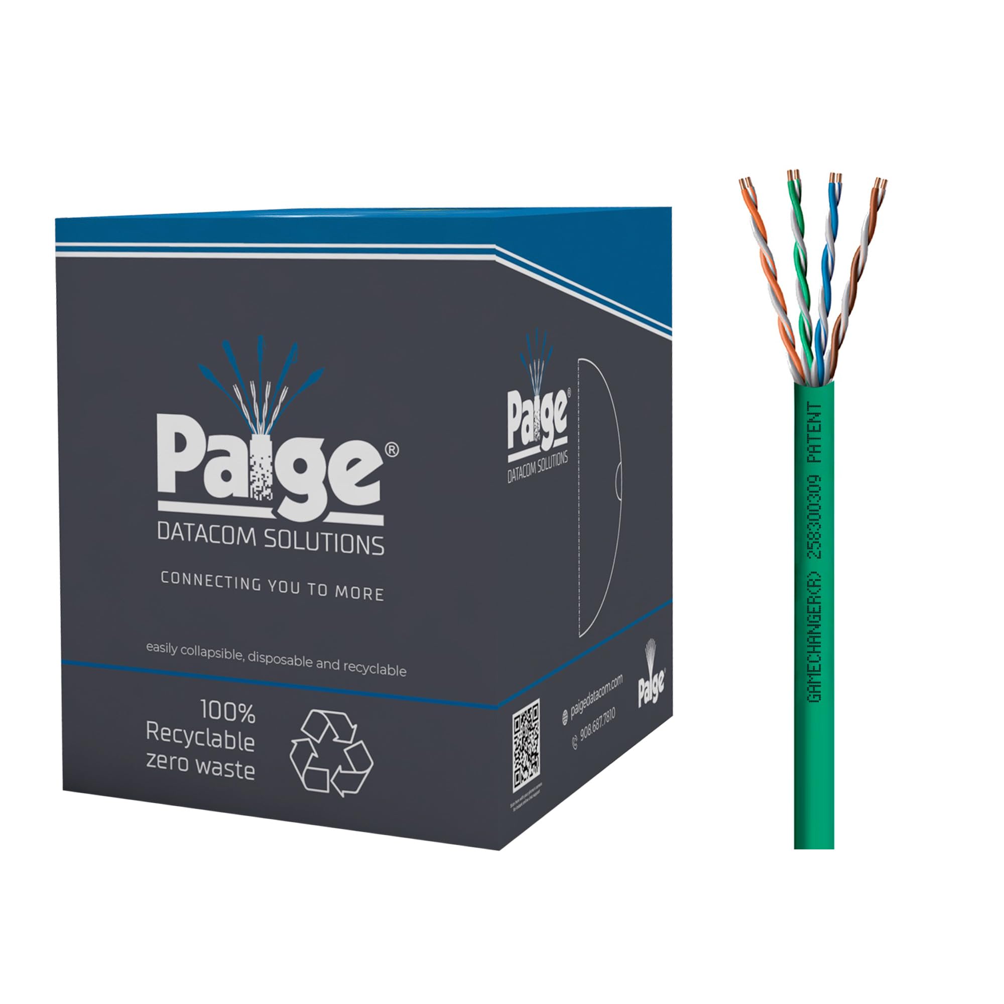 Paige GameChanger Cat6 Cable, 258440309, 22AWG, UTP, Solid, CMR FT4, 1000ft Box, Green