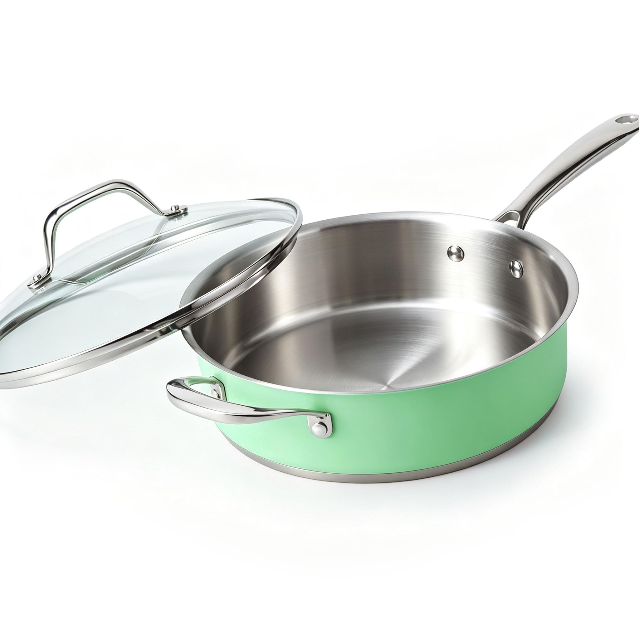 HOMICHEF 24 cm Mintgrün Nickel Frei Edelstahl Sauteuse mit Glasdeckel - 2,36 L ungiftig tief Bratpfanne für Induktionskochfeld Backofen sicher