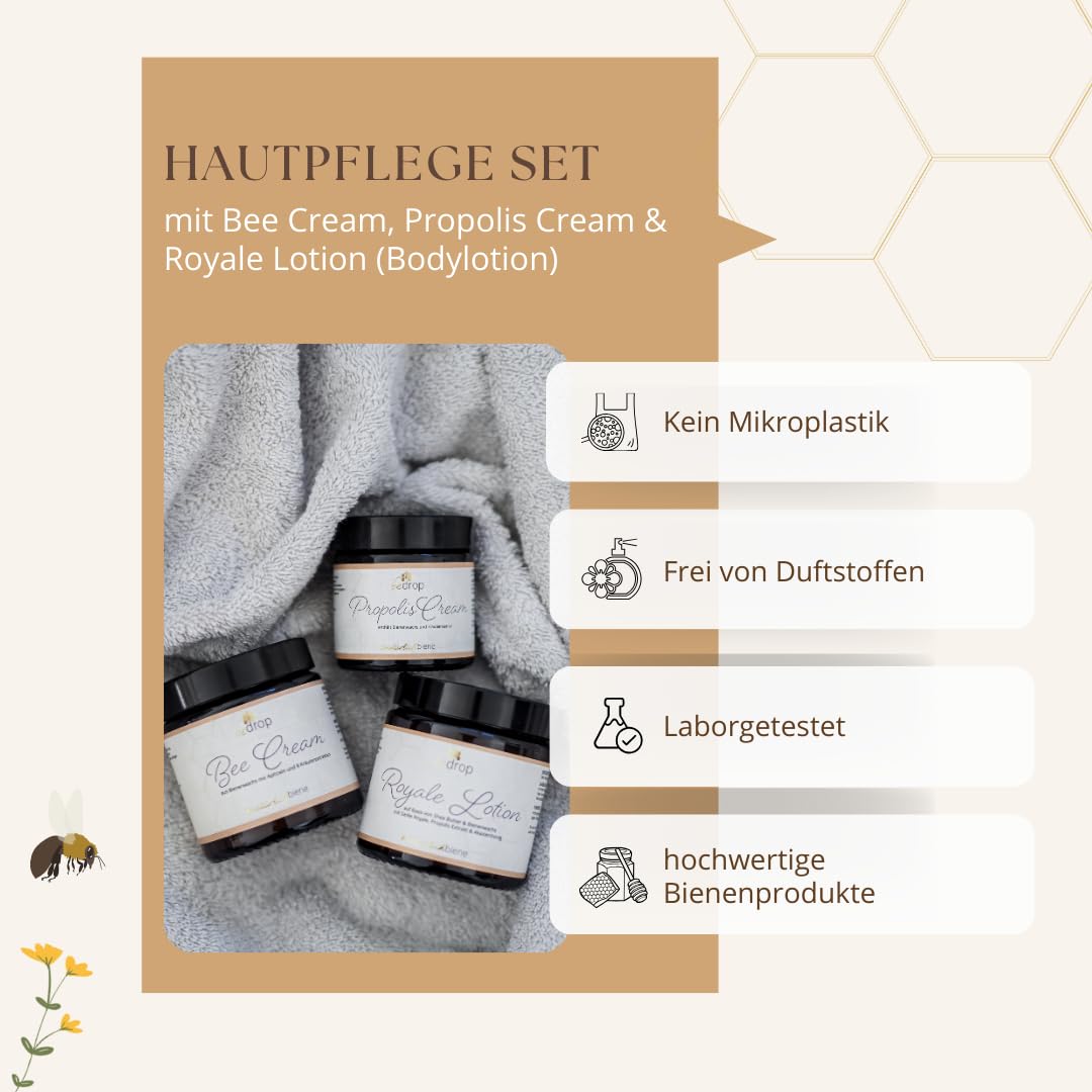 bedrop Hautpflege-Set | Bee Cream (Bienengiftsalbe) 100g + Propolis Cream (Propolis Salbe) 60g + Gelee Royale Körperlotion (Royale Lotion) 100g im Sparset