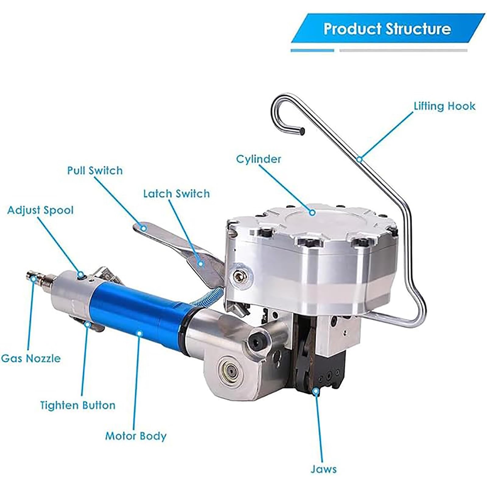 Cercleuse pneumatique pour emballages, Haute Tension 3 500 N, Compatible avec Les feuillards PP et Pet, idéale pour Les Applications industrielles et en entrepôt.
