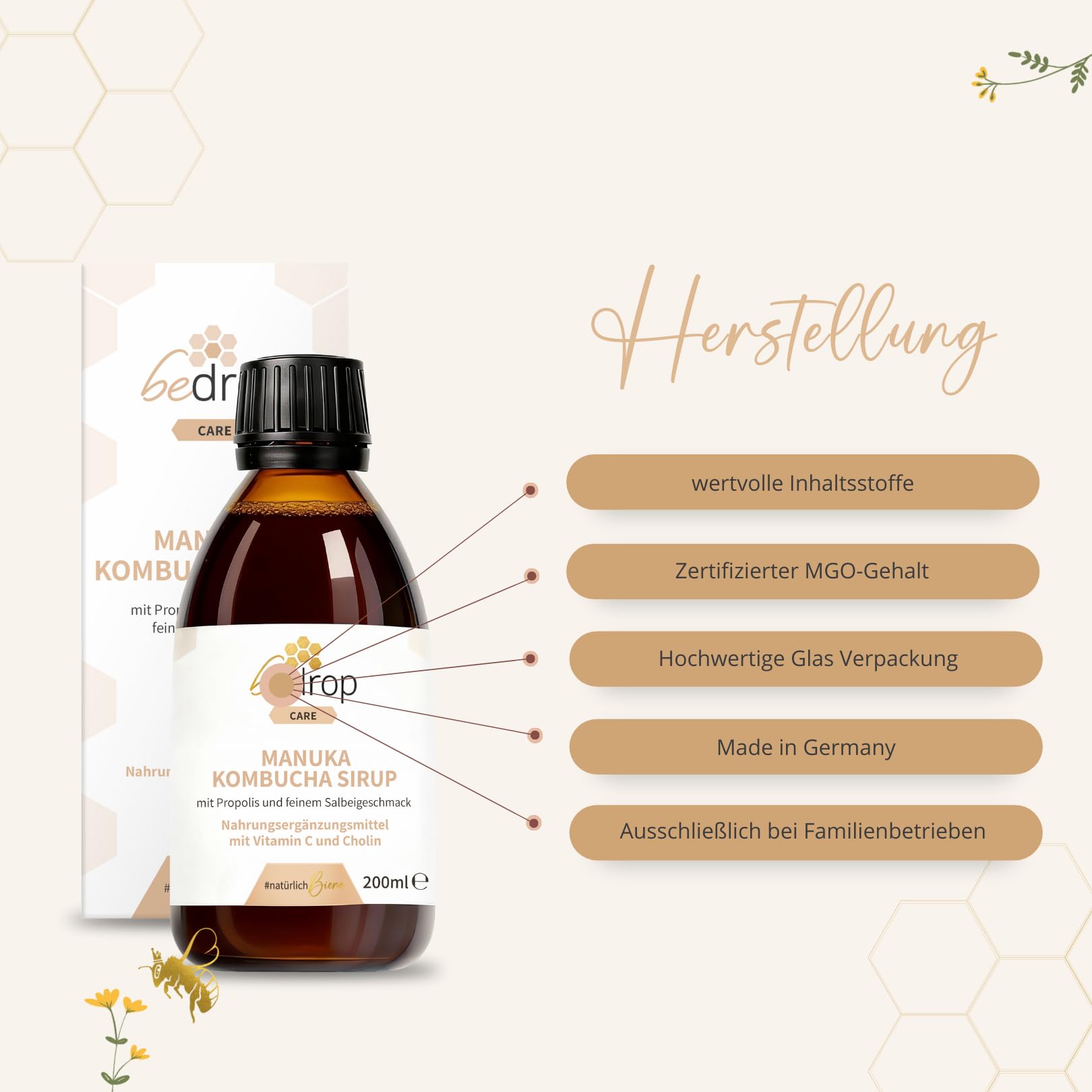 bedrop Manuka Kombucha Sirup I Mit Cholin und Vitamin C I Mit hochwertigem Manuka Honig +500 MGO & Propolis Extrakt - 200ml