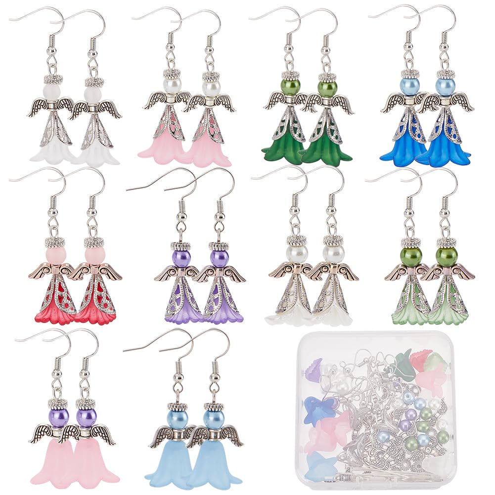SUNNYCLUE 1 Box 10 Sets Christmas Angel Dangle Earrings Making Kit Fashion Dangle Earrings Fairy Flower Christmas Angel Charms Angel Wing Charm for Jewelry Making Kit Beginner Starter DIY Crafts
