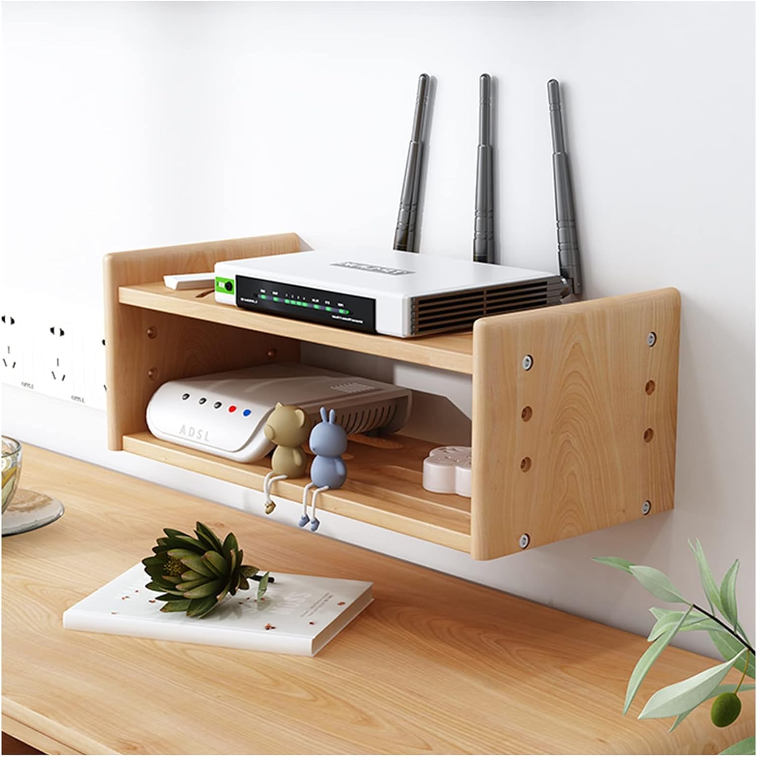 WiFi Router Storage Box Wall Mounted Solid Wooden Network