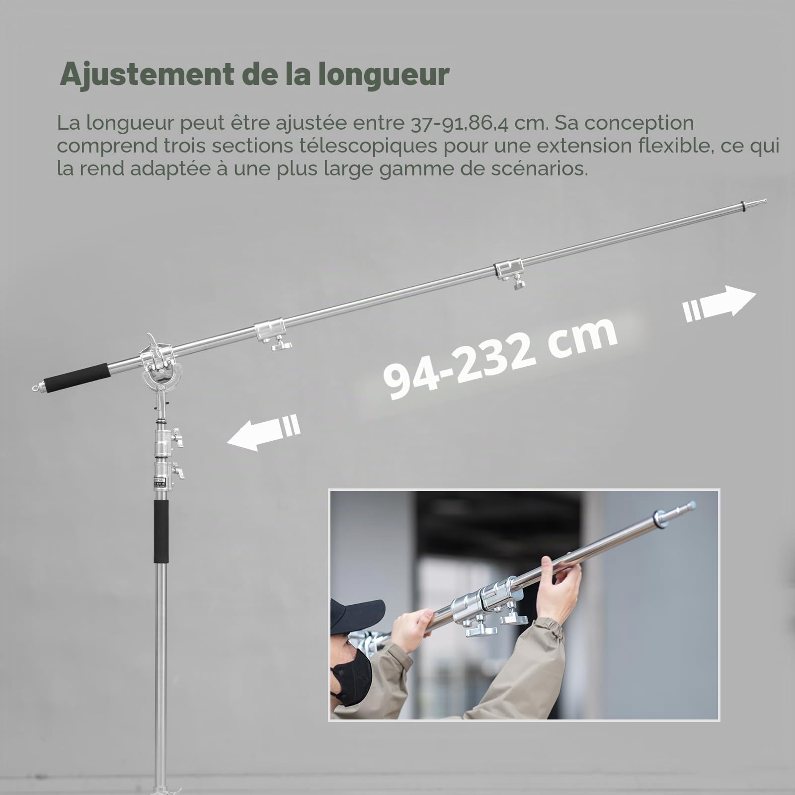 AMBITFUL MF-01 Bras croisé en acier inoxydable lourd 232 cm pour studio photo Bras de perche 94 cm – 232 cm 37-91 pouces