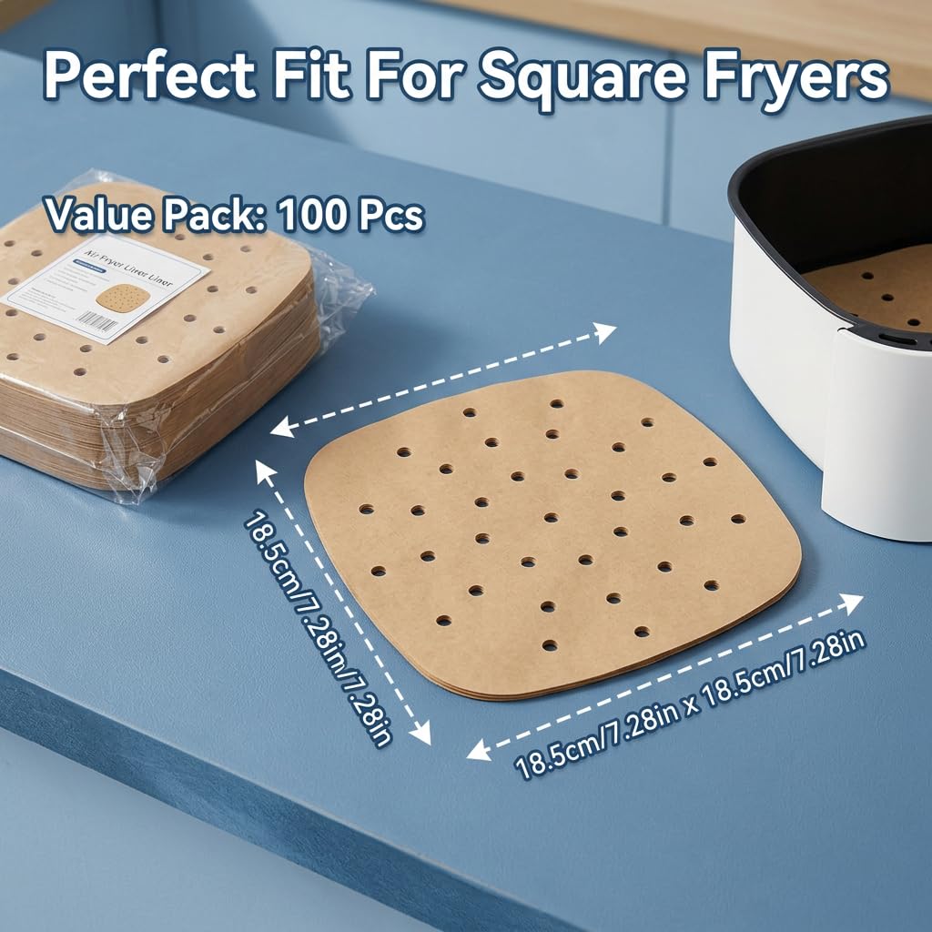 100 sztuk papieru do pieczenia Airfryer 18,5 x 18,5 cm, perforowany, kwadratowy papier do pieczenia do frytkownicy na gorące powietrze, nieprzywierający, odporny na olej, wodoodporny, do frytkownicy