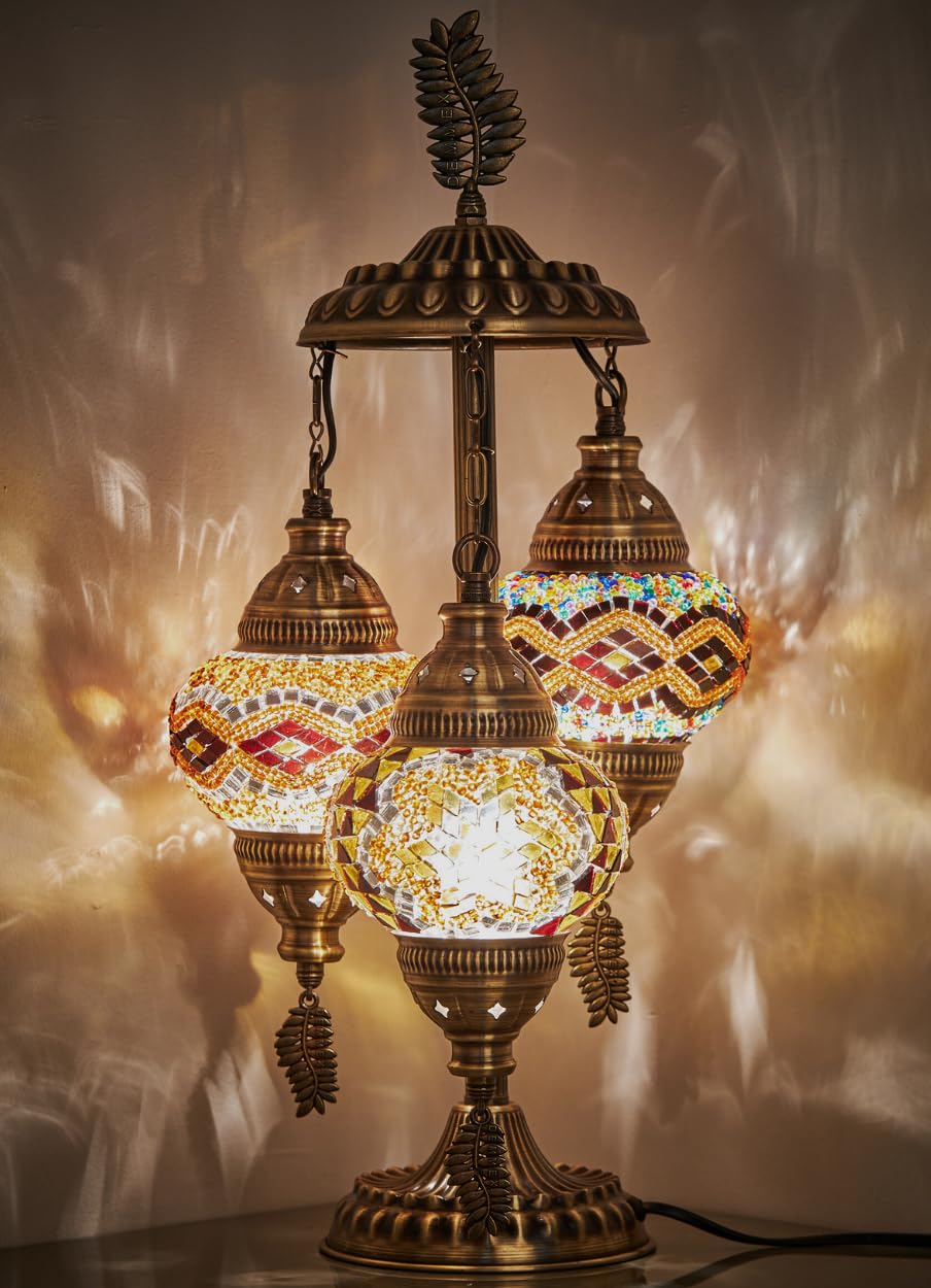 DEMMEX Impresionante lámpara de mesita de noche con mosaico marroquí turco bohemio de 3 globos, 53 cm