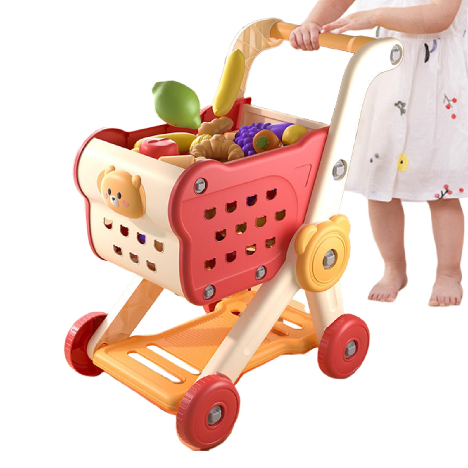 Kids Shopping Cart Playset, Push Toy Pretend Food, Educational Grocery Cart, 27 x 40 x 50 cm, Übung, Rollenspielspaß für Mädchen Alter 3 und Up Walking Skills Promotes Family