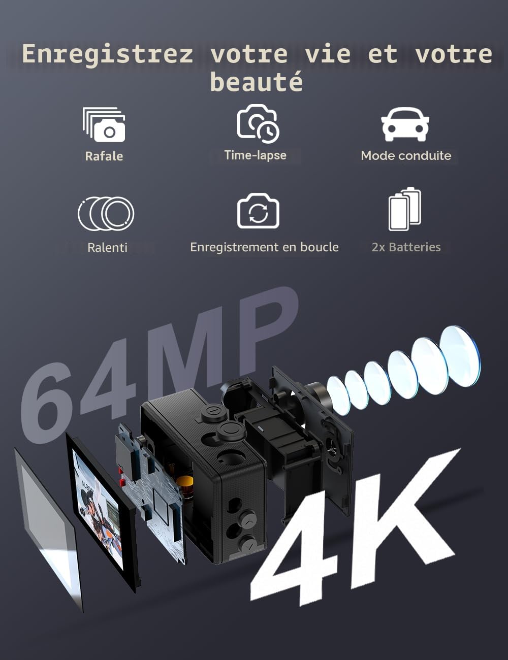 Apexcam Caméra Sport 4K 60fps Action Cam WiFi Étanche 40M Ultra HD avec 2 Batteries et Kit Accessoires