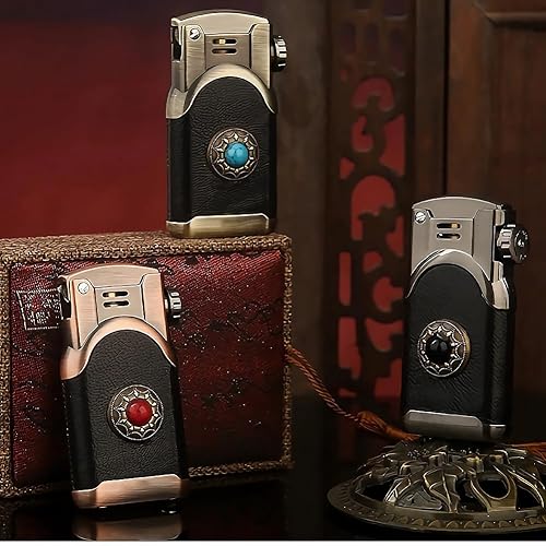 Miniatura 6 de Encendedor de cuero con llama suave, estilo antiguo, recargable, vintage, para regalo de colección (negro)