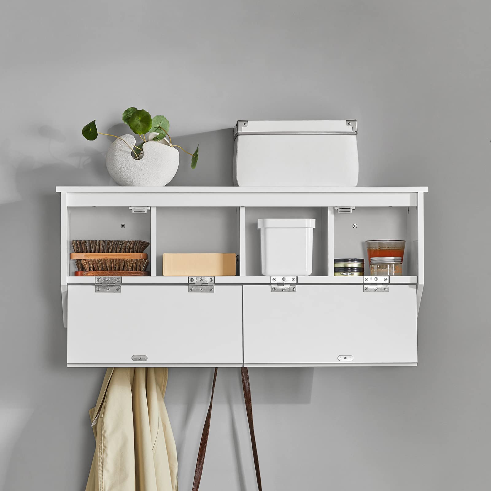 SoBuy Appendini da parete con 2 cassetti 78x20x30cm per ingresso | Mensola pensile con 2 cassetti ribaltabili e 5 ganci in metallo, MDF E1, carico 25kg, bianco FHK24-W