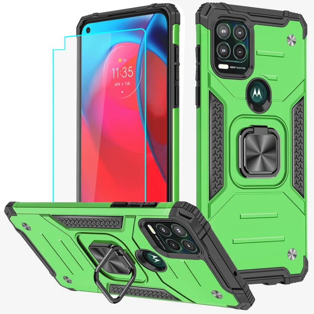 for Moto G Stylus 5G Case with Screen Protector, Shockproof Tough Rugged Hard Rubber Bumper with 360 Rotation Ring Kickstand Cases for Moto g Stylus 5G 2021 (Green)