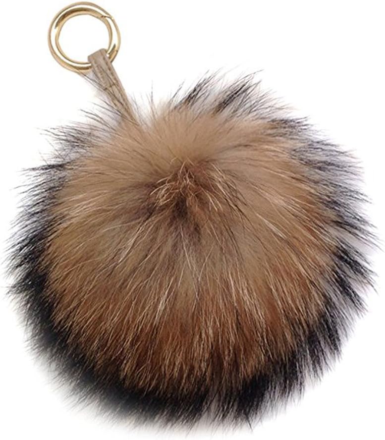 Corleson 6" Large Fluffy Genuine Pom Pom Keychain Puffy Ball Car Keyring/Bag Purse Charm (Natural brown)