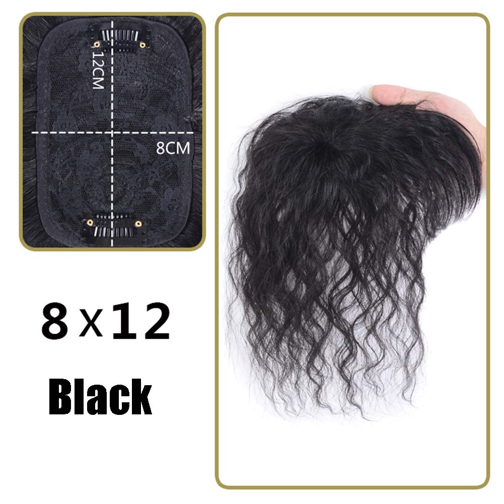 Nature Curly Head Forehead Replacement Wiglet Clip in Human Hair Topper for Thinning Hair 8x12cm/25cm, Black