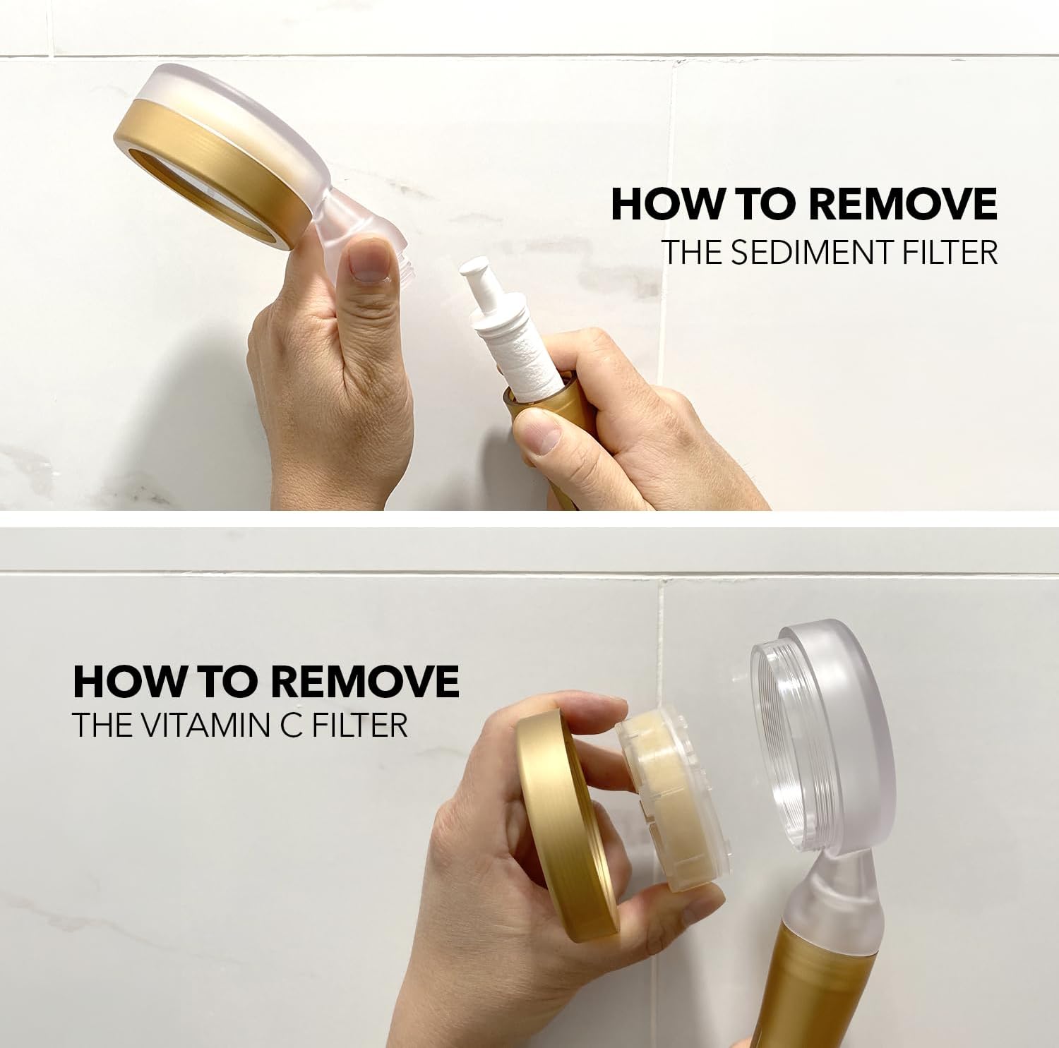Barumi Pluo Handheld Filtered Shower Head - Gold | Vitamin C Filter for Healthy Skin & Hair | High Pressure Soft Spray | Dual Filtration Removes Chlorine & Impurities | Gentle Shower for Pets