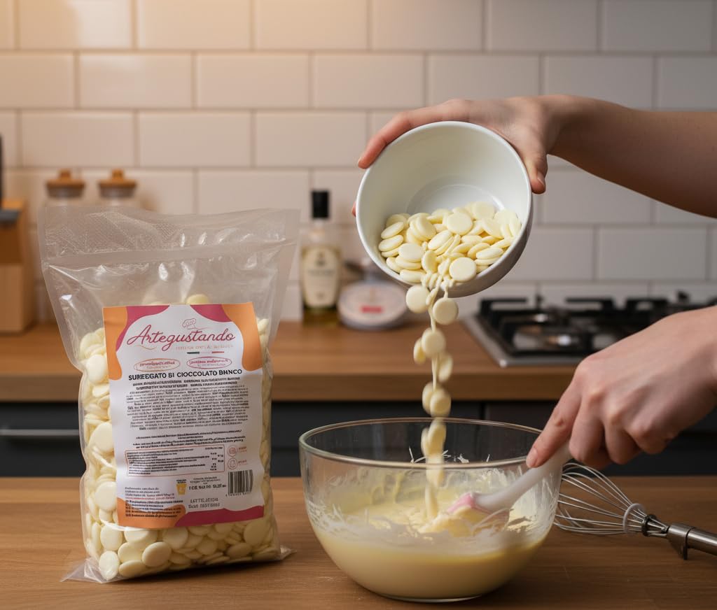 Artegustando Surrogato di Cioccolato Bianco a dischi 1 kg Professionale Alta Qualità Italiana – Senza Glutine Con Latte e Siero di Latte – Per Pasticceria e Dolci