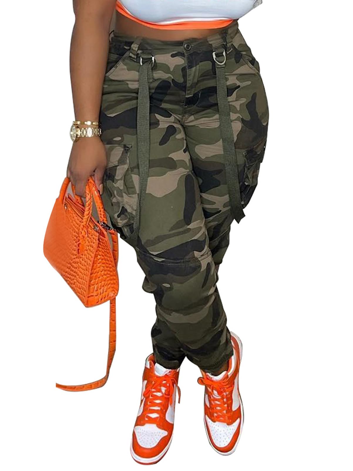 Famnbro Women Camo Pants Camouflage Cargo Pants Ankle Cuffed Army Fatigue Joggers Streetwear