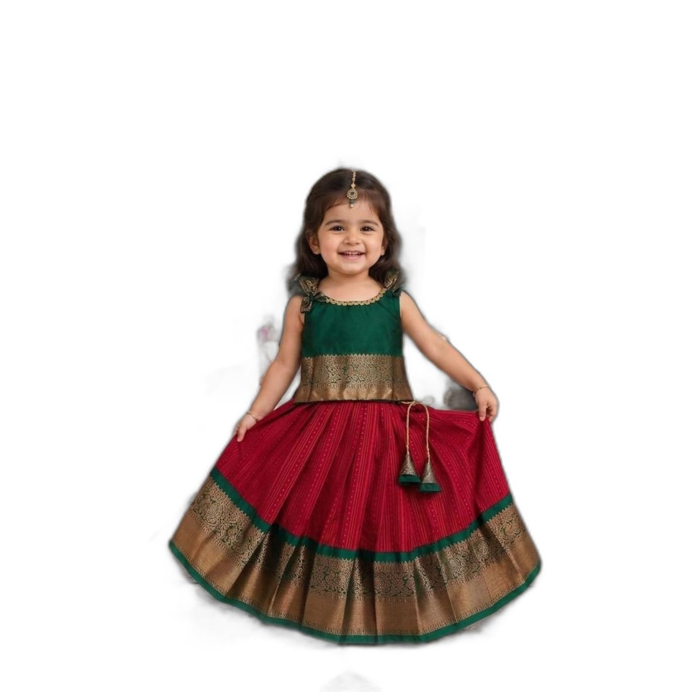 Girls Traditional Jacquard Lehenga Choli Set | Ethnic for Kids | Stylish Green and Red Party Outfit-image-43
