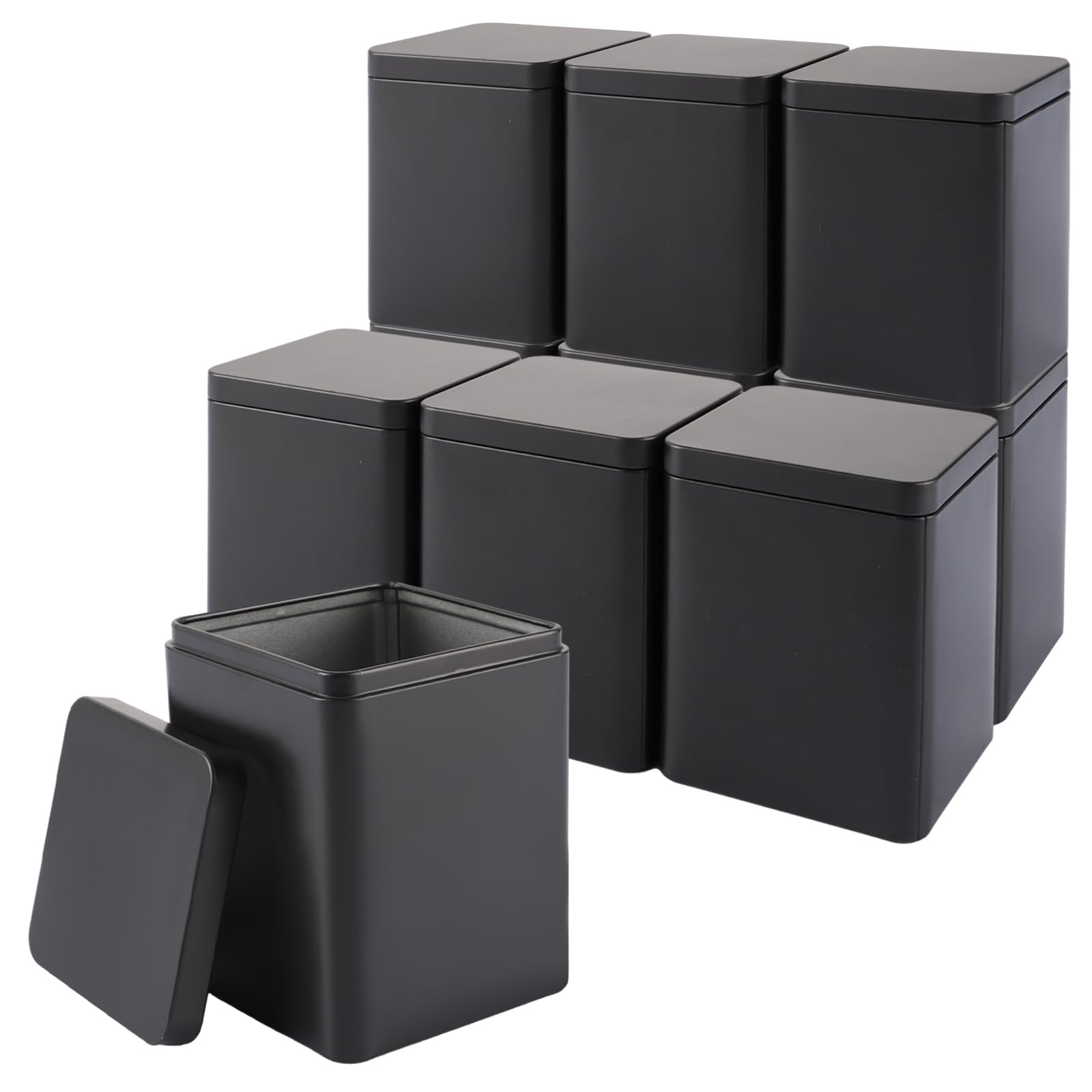 Set Di 8 Barattoli Per Tè Sfuso In Metallo Nero – Ermetici E Impilabili, Con Etichette Incluse