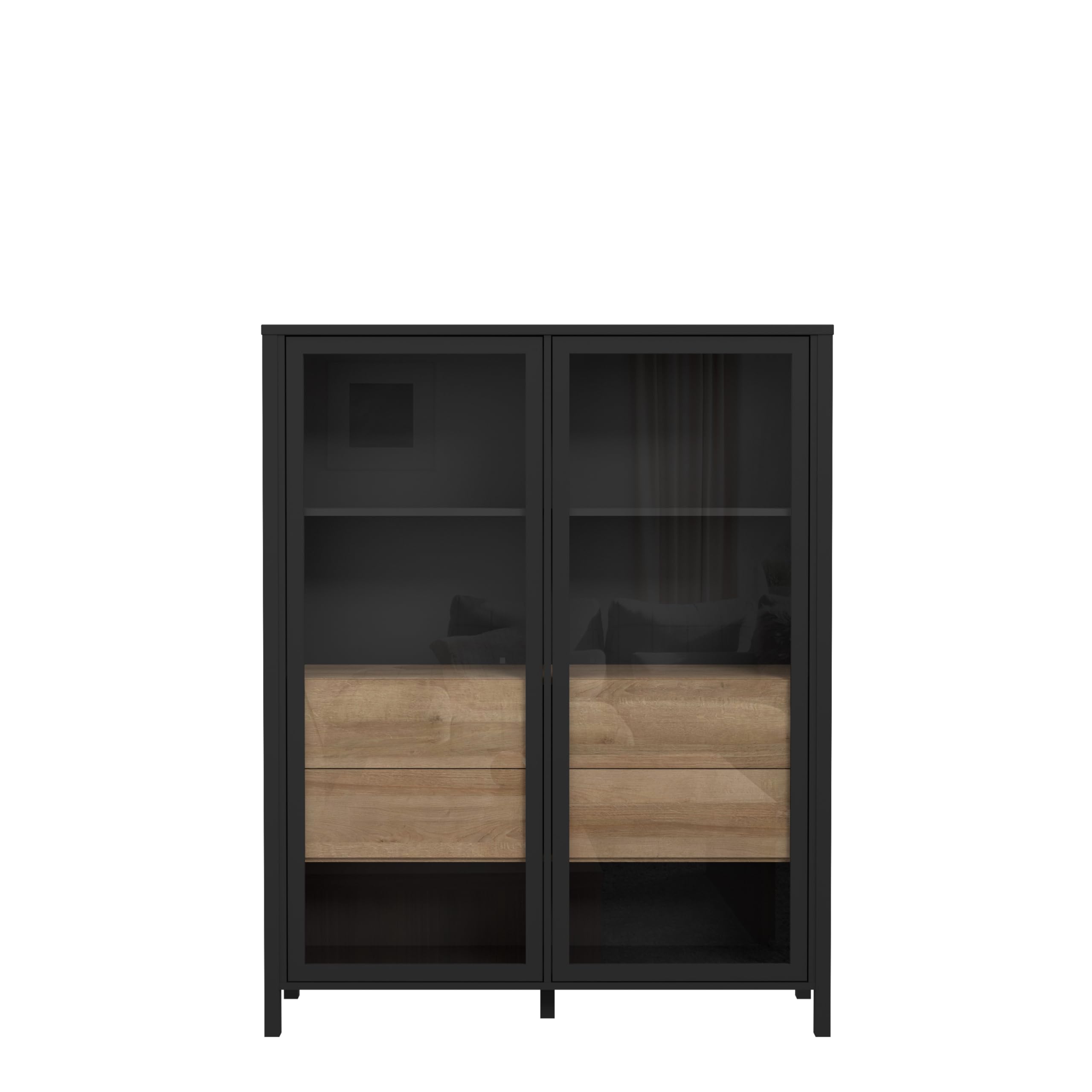 Forte HIGH Rock Vitrine 120, Moderne Standvitrine, 2 Glastüren, Vitrinenschrank, Wohnzimmervitrine, Holzwerkstoff, Schwarz/Riviera Eiche Holzwerkstoff, 121,3 cm breit x 152,3 cm hoch x 40,2 cm tief