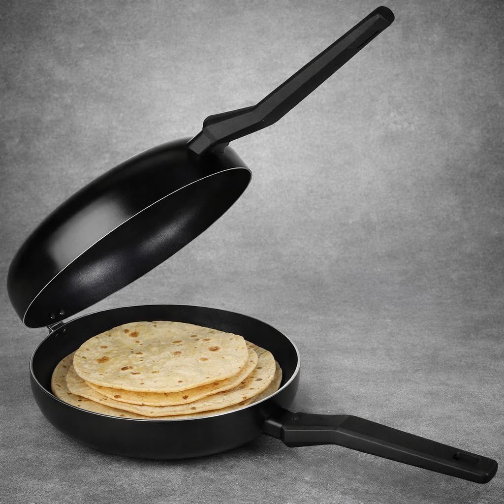 LS Kitchen - Doble Sartén Voltea Tortillas Volteo Fácil y Seguro - Sarten para Tortilla Patatas Jugosa - Sarten Doble para Tortillas - Vitro e Inducción - Diámetro 24 cm - Negra