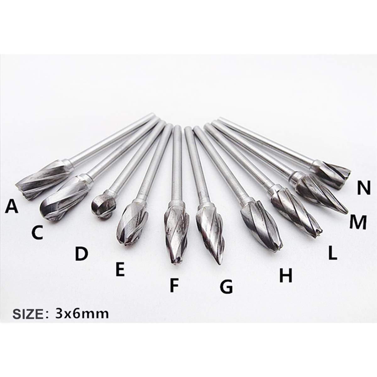 DLtools 10pcs Aluma Cut Tungsten Carbide Rotary Burr Set, Metal Carving Drilling Polishing Cutter Bits with 1/8"(3mm) Shank and 1/4"(6mm) Head Dia for Die Grinder Drill Aluminum and Wood — Amazon image 4