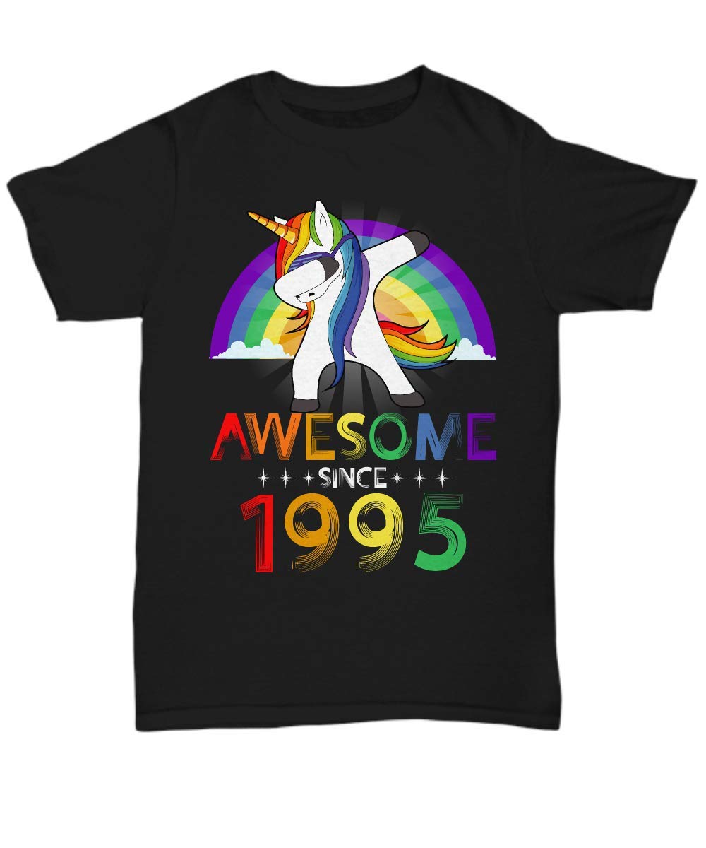 Unicorn Dabbing Rainbow Awesome Since 1995 Tshirt - Black Unisex Tee Gift P1