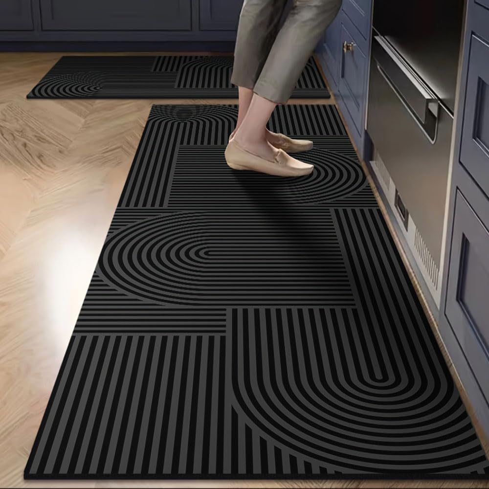 Hixingo Tapis Cuisine Long Antidérapant, Lavable Absorbant Diatomite Cuisine Devant Evier Tapis de Bain Vaisselle Douche, Motifs Tissés (Noir,40x120cm)