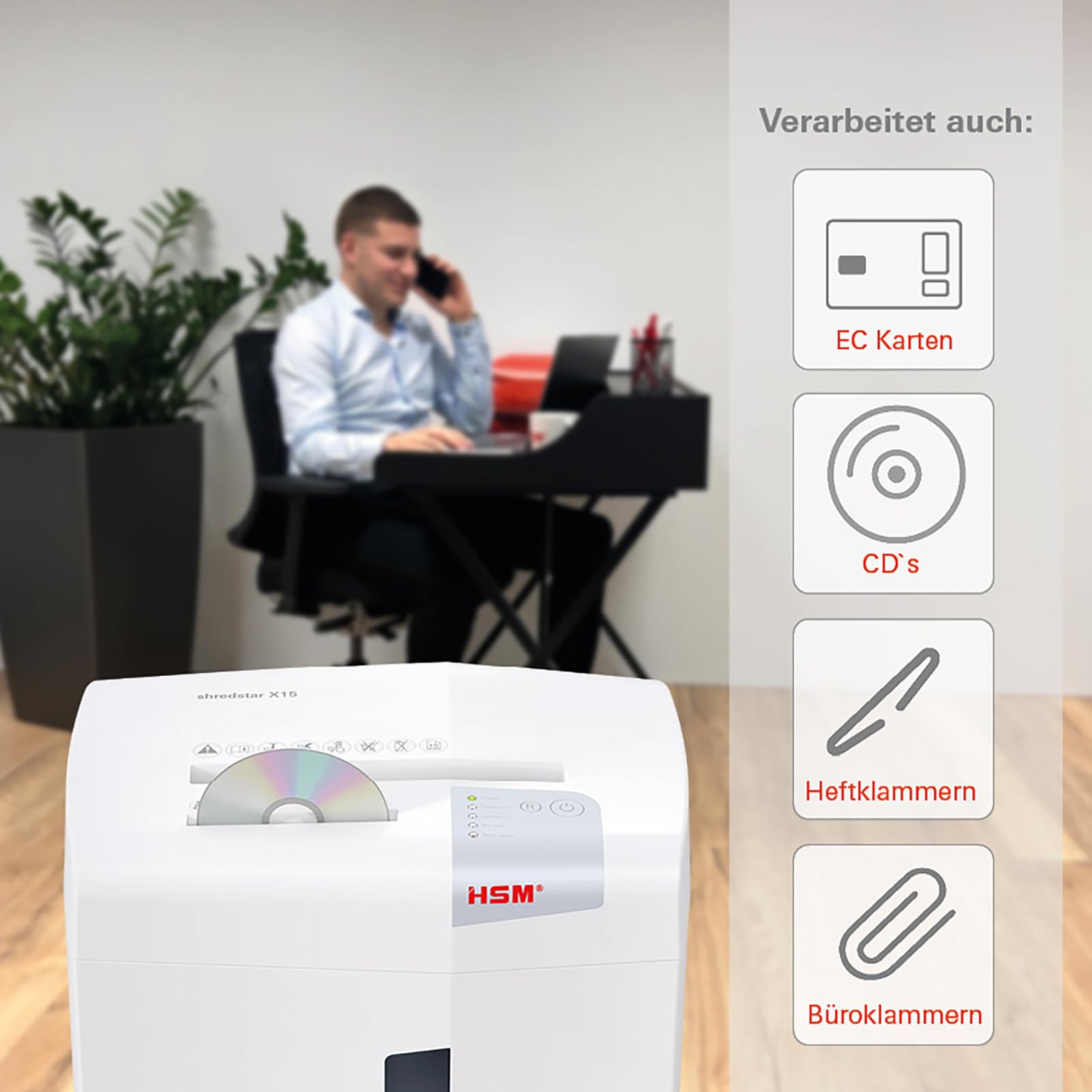 HSM shredstar X15 niszczarka dokumentów, poziom bezpieczeństwa P-4, 15 arkuszy (cięcie cząstek) z niszczarką CD, 4 x 37 mm