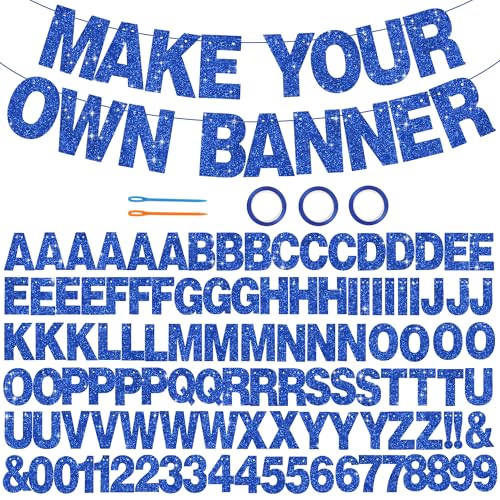 BEISHIDA 116 PCS A-Z DIY Letter Banner Kit Make Your Own Banner Including 111 Letters and Numbers 3 Rope and 2 Threading Device Customized for Birthday Graduation Wedding Decor Glitter Blue