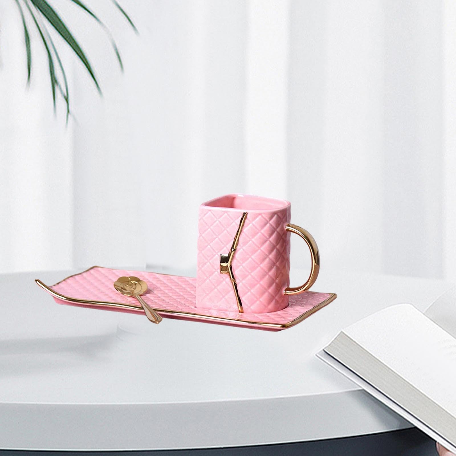 Tazza da con Manico Tazza Ceramica Riutilizzabile con Design E Cucchiaio per Colazione Bevande Calde E Fredde Adatta a, Rosa
