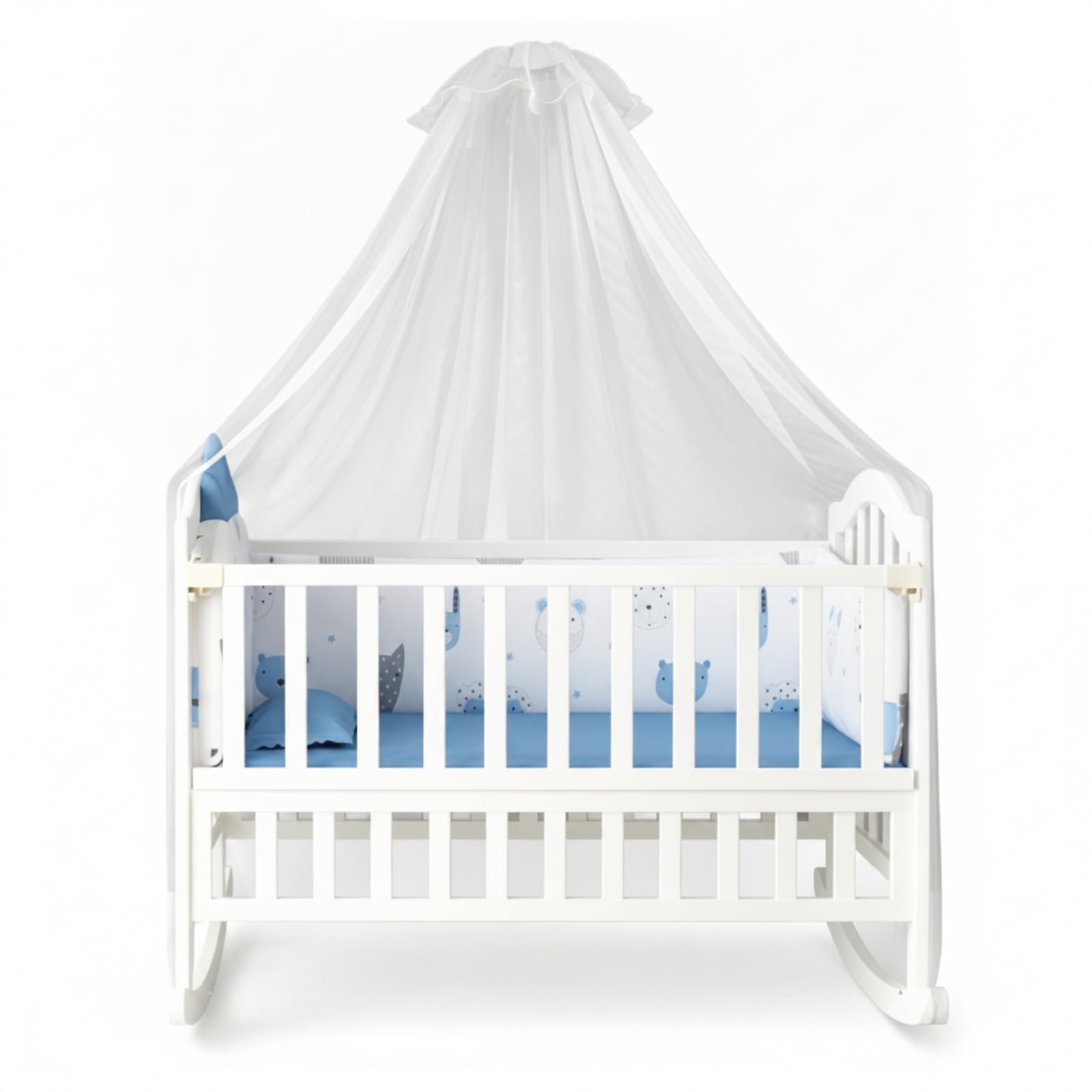 Babywiege Babybett Kinderbett Stubenwagen Gleichmäßiges Schaukeln Holzrahmen Kiefernholz mit Stabilen mit Und Textilset mit Rollen Und Netzdach für Stillzeit Entspannung Einschlafen
