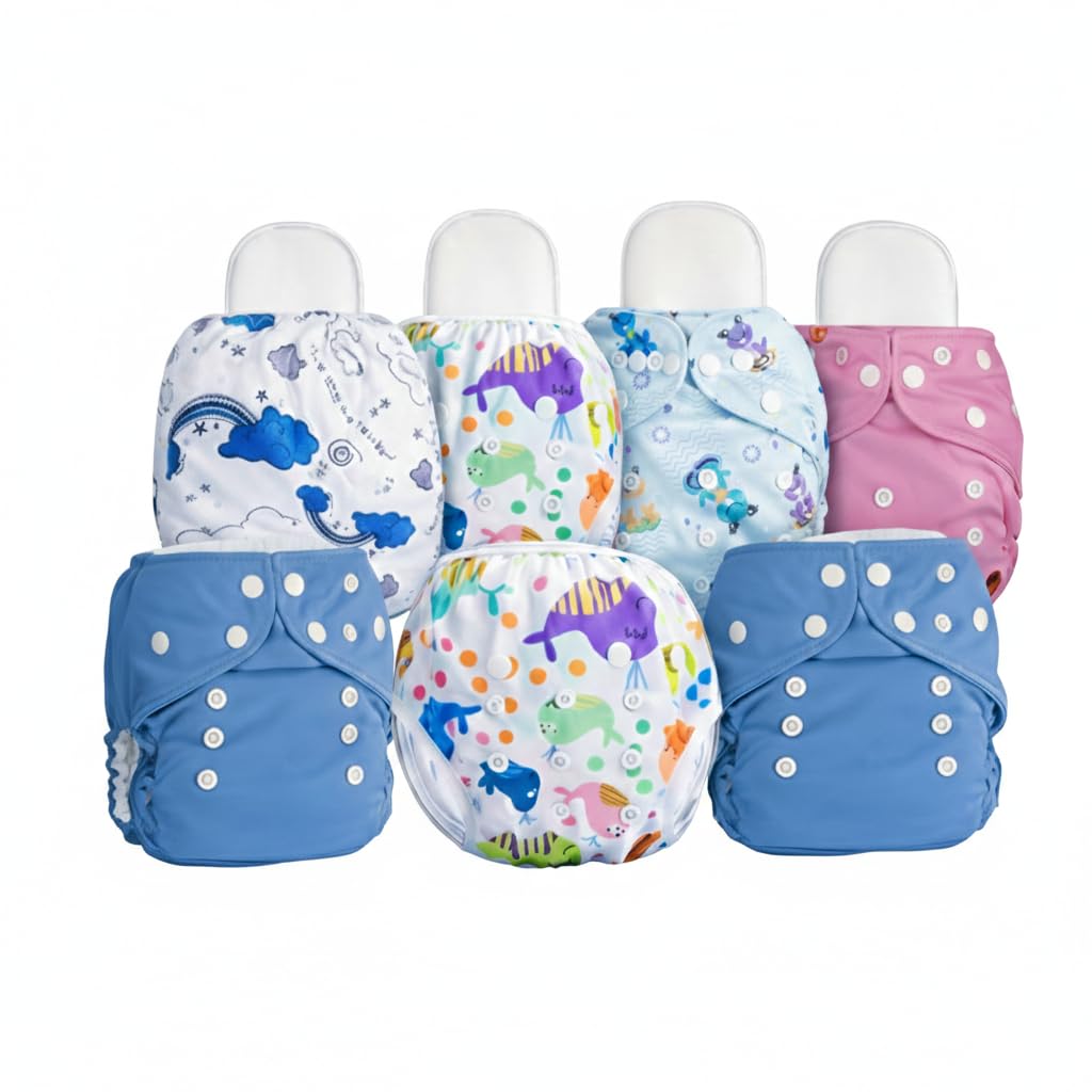 Safe-O-Kid (Pack of 7) Leakage-proof advanced cloth diapers for babies, High Absorbent 7 reusable diaper and 7 insert pad Combo Pack washable cloth diaper 3M -3 Years Adjustable - Assorted-image-19