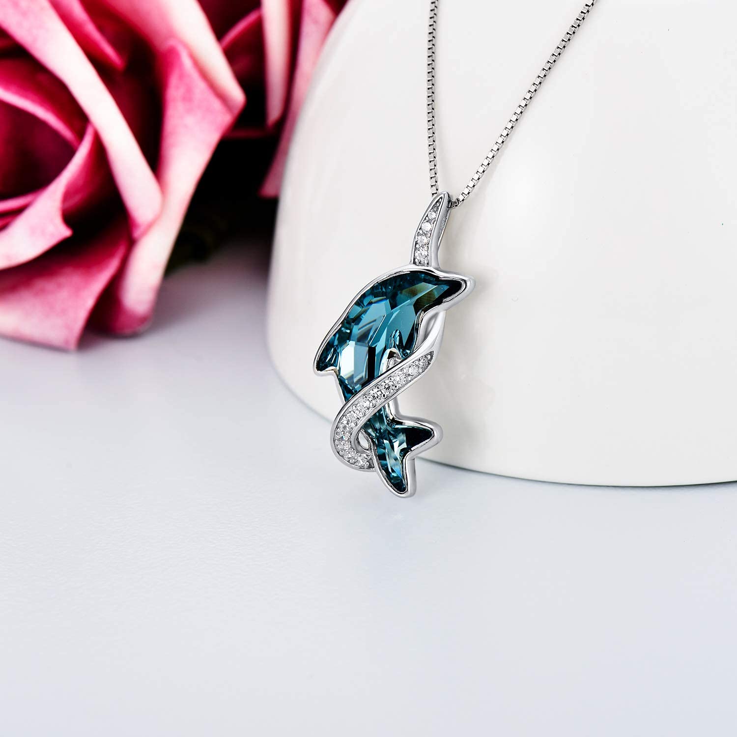 TOUPOP s925 Sterling Silver Dolphins/Sea Turtle Necklace for Women Crystal Pendant Ocean Jewelry Birthday Gifts for Lady Mother Sister Girls Dolphins Lover