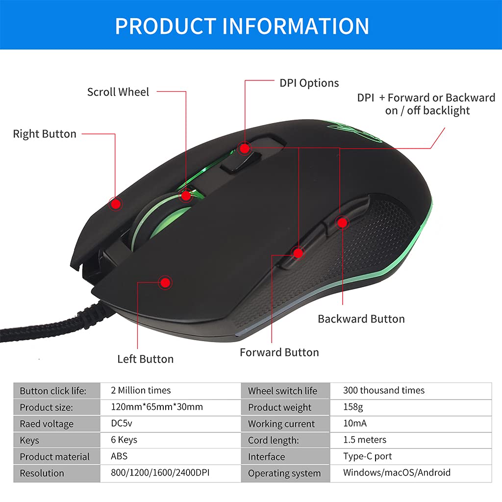 USB C Gaming Regolabile DPI 800-2400 Mouse Luce per PC Computer Portatile per Ufficio