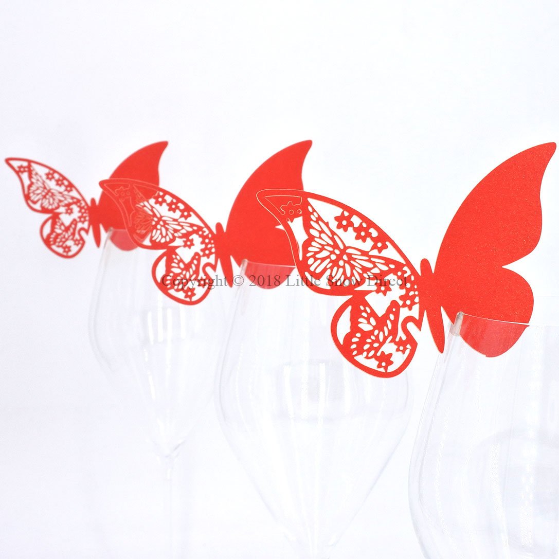 Little Snow Direct Wedding Party Name Place Cards For Wine Glass Cup Pearlescent Laser Cut - 20pcs Butterfly - Red