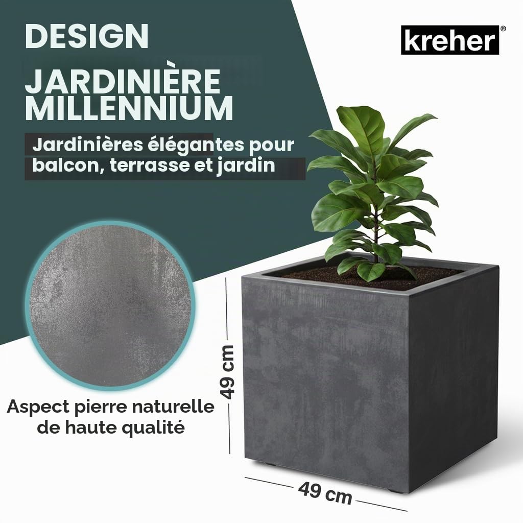 Kreher XL Jardinière Millennium en différents formats et couleurs. Magnifique aspect pierre naturelle en brun, beige, anthracite ou gris! En plastique robuste! (80 litres Anthracite)