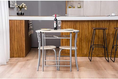Miniatura 4 de JUGTL Juego de mesa y silla redonda de madera de 3 piezas para cocina comedor espacio compacto con marco de acero estante de vino integrado blanco
